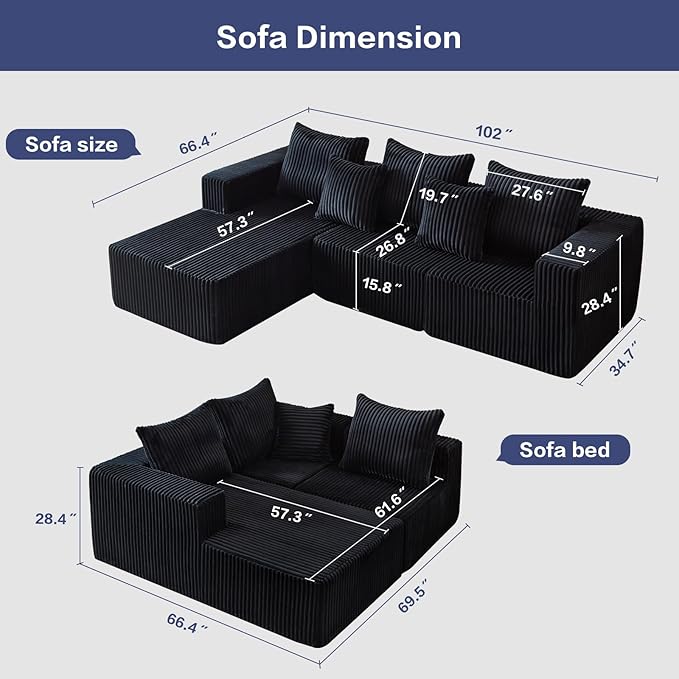 ERORVX 102" Black Couch for Living Room,Boneless Couch No Assembly Required,Comfy Couches with Oversized Chaise,Compressed Sofa for Any Room,Modern Sofa-Corduroy
