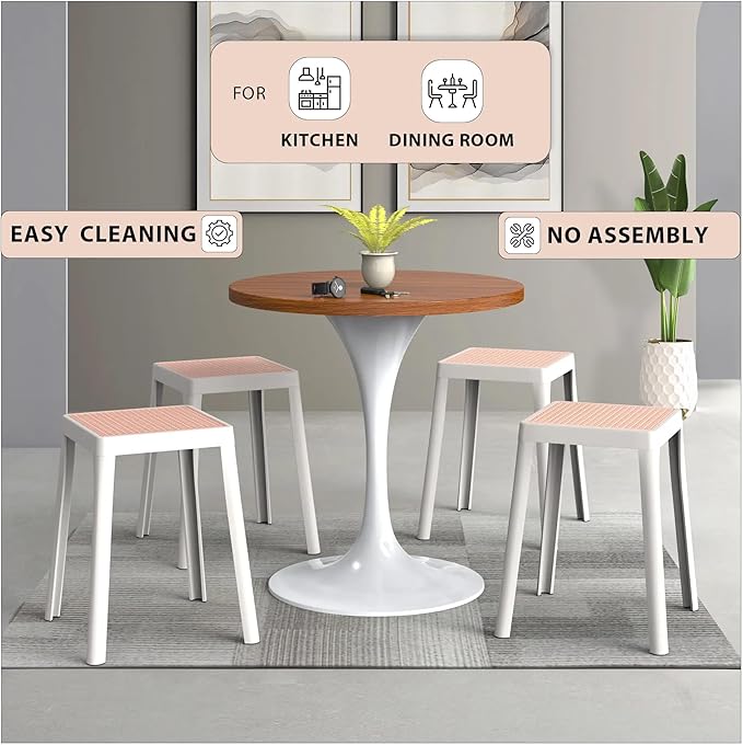 LeisureMod Tresse Mid-Century Modern Square Plastic Dining Stool Set of 2, Stackable Accent Stools with Breathable Seat, Lightweight Seating for Kitchen, Dining Room, Bedroom, or Entryway (White)