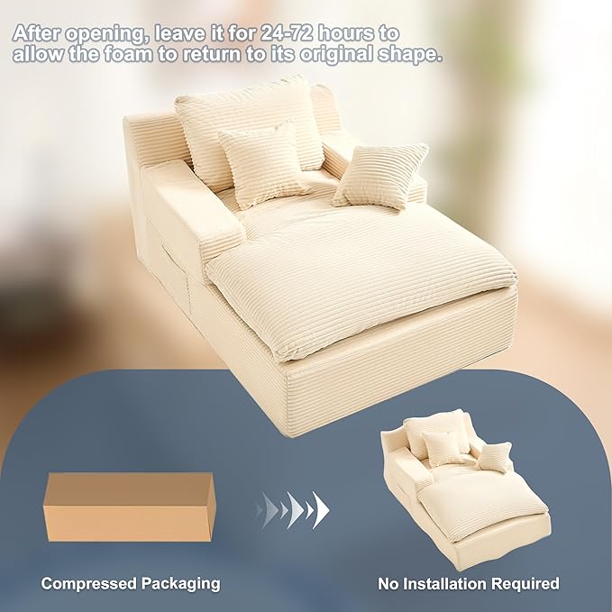 63" Oversized Boneless Chaise Lounge Chair, Extra Cloud Layer, Convertible Sleeper Sofa Couch with Removable Pillows & Side Pockets, Corduroy Upholstered Sofa Bed with Armrests for Living Room, Beige