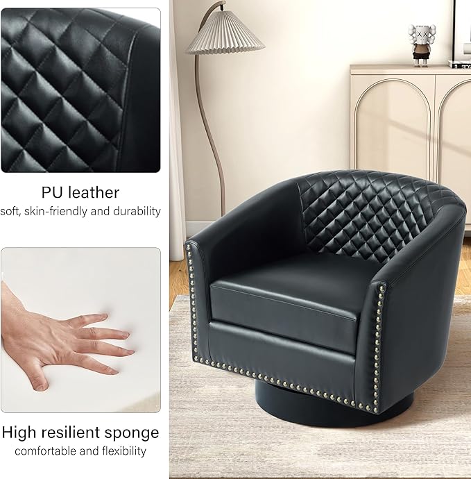 DREAMSIDEA Swivel Barrel Accent Chair, Comfy Modern Upholstered Round Faux Leather Arm Chair for Living Room, Bedroom（Black, Set of 1