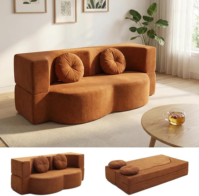 76" Convertible Folding Sofa Bed, 2-in-1 Twin Size Loveseat Sleeper Couch Bed with Two Pillows, Foldable Space-Saving | Design for Dorms Apartments Bedroom& Living Room,No Assemble(Orange)