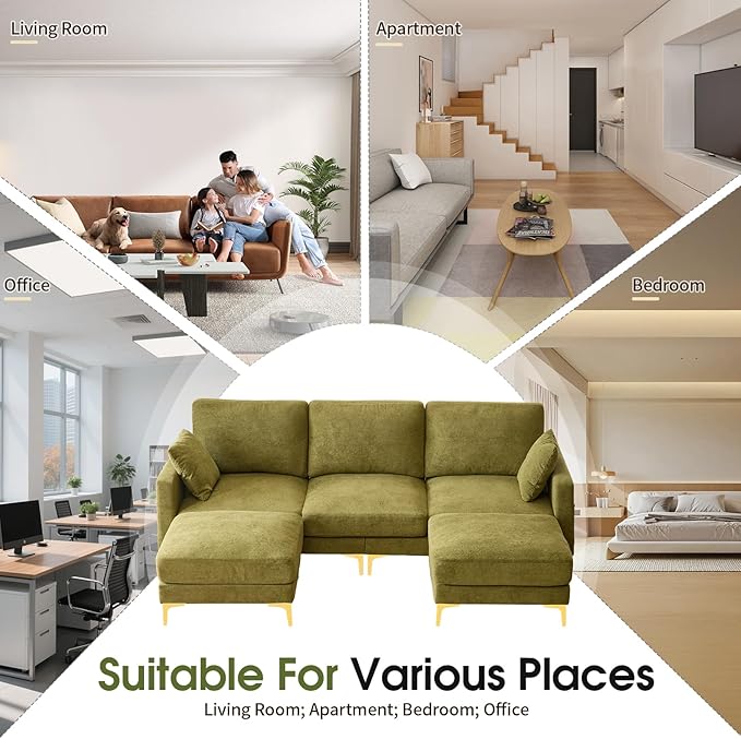 VINGLI 100" W U Shaped Couch with Ottoman, 22" Deep Seat Comfortable Sectional Couches for Living Room, 3 Seater Chenille Fabric Cloud Sofa for Apartment, Small Spaces, Bedroom, Green