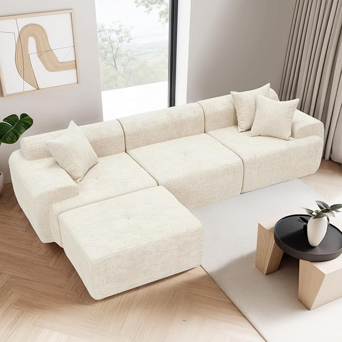 119’’ Modular Sectional Sofa Couch with Chaise, Deep Seat Cloud Couch for Living Room, Modern Chenille Upholstered Sectional with Throw Pillows, Compression Modular Sofa for Apartment Bedroom, Beige