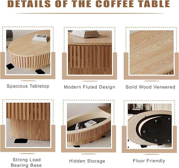 FGXJY Oval Coffee Table with Storage, Modern Wooden Coffee Table with Solid Wood Veneered, Fluted Center Table Drum Tea Table for Living Room Apartment, 47.2''L×23.6''W×14.2''H