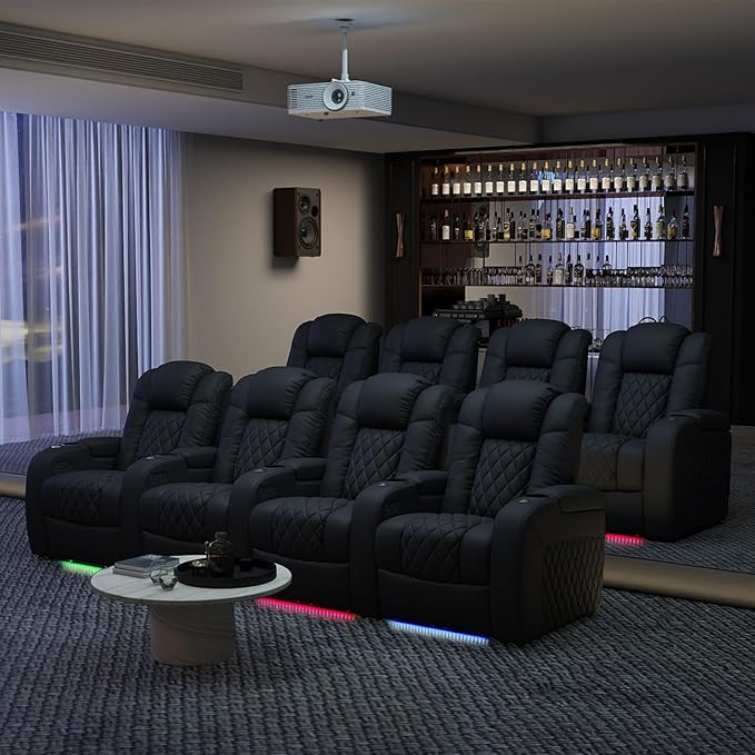 Weilianda Home Theater Seating Top Grain Leather Zero Gravity Recliner Chair Power Headrest Recline Movie Seat Gaming 7 Colors Mood Light Sofa with Tray Table USB Charge Row of 6 Black