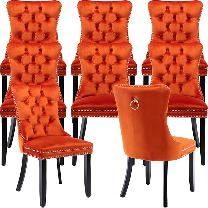 YeahFurn Orange Mid Century Modern Dining Chairs Set of 8, Velvet Upholstered Kitchen & Dining Room Chairs with Nailhead Trim & Solid Wood Legs, Elegant Sillas De Comedor (Orange, 8 Pcs)