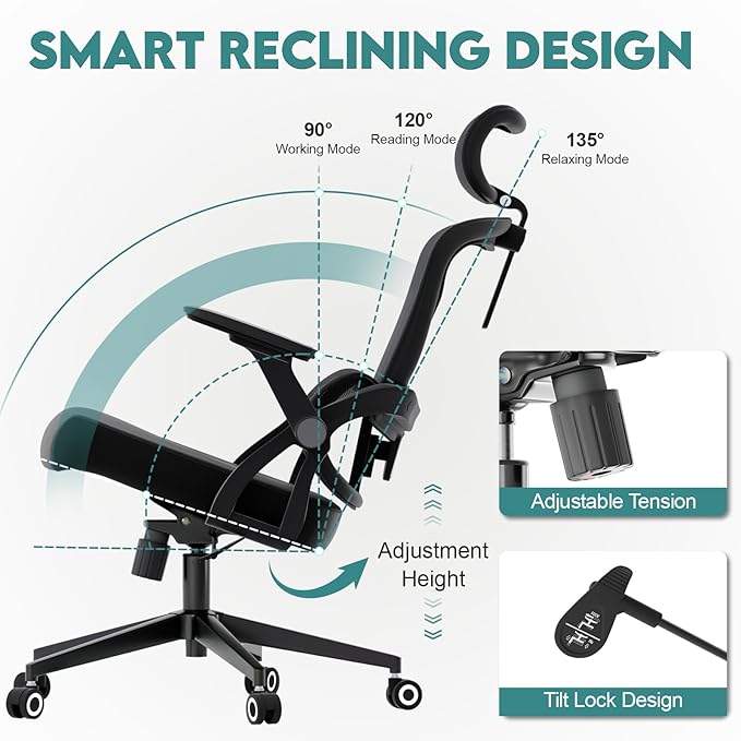 Office Chair Ergonomic Desk Chair with Lumbar Support&Headrest&Flip-up Arms Height Adjustable Rocking Swivel High Back Computer Chair Multi-Angle from 90° to 125° with 350LBS Capacity(05Black)