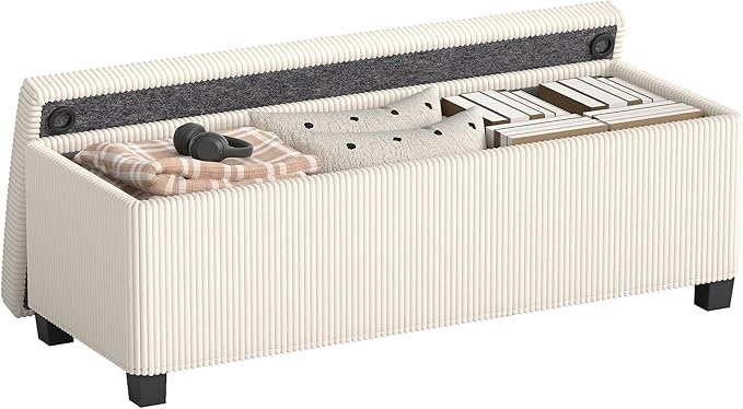 HOMCOM 44 Inches Storage Ottoman Bench, Foot Rest with Removable Lid, Legs, End of Bed Bench, Corduroy Storage Chest, Padded Seat, for Living Room, Bedroom, Entryway, Beige