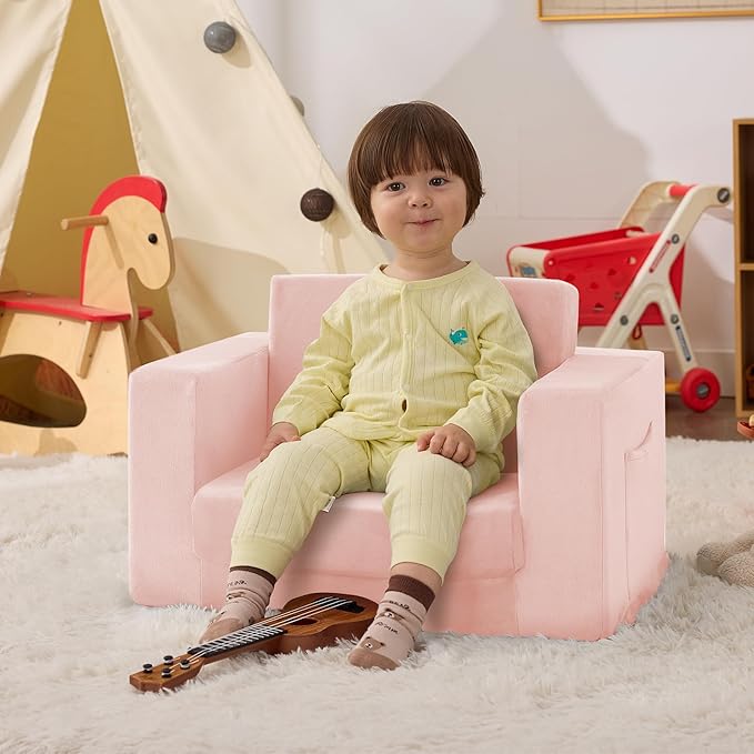 Kids Couch, 2-in-1 Toddler Chair Comfy 1-3 Years, Convertible Kids Chair, Toddler Couch That Fold Out, Kid Lounge Chairs for Boys and Girls, Soft Coral Fleece, Single, Pink