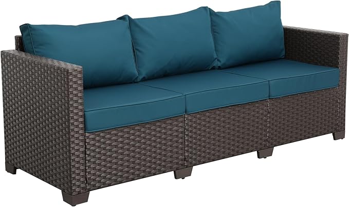 Rattaner Outdoor Furniture Wicker Outdoor Couch Patio Furniture 3-seat Sofa Deep Seat Hight Backrest Waterproof Cover Anti-Slip Cushions, Peacock Blue