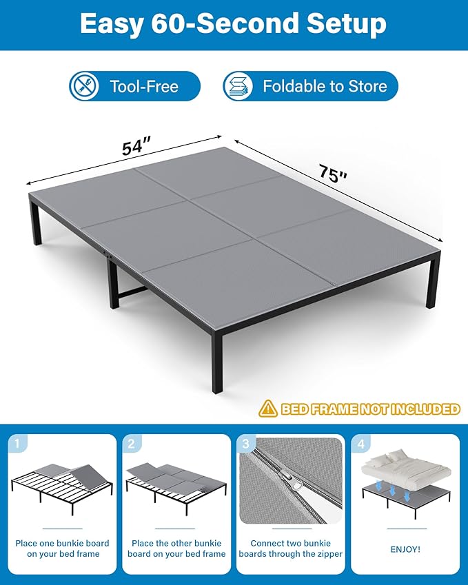 SAKSUN Bunkie Board Full 54x75'' for Bedroom: Breathable & Moisture Resistant Bed Boards for Under Mattresses - Heavy Duty Low Profile Bed Support Board Full Box Spring Supplement, Noise Minimizing
