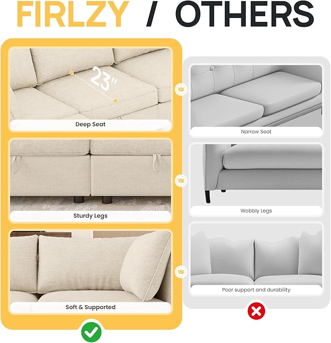 FIRLZY Modular Sectional 4 Seater Sofa with Removable Covers and Storage, Convertible L-Shaped and Sleeper Sectional, Modern Upholstered Couch with Removable Ottoman for Living Room, Beige