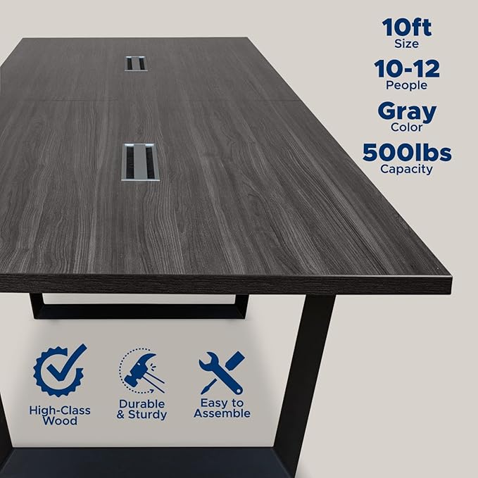 ahliss Sturdy Conference Table with Cable Management Grommets Modern Rectangle Office Meeting Table with Wood Tabletop and Metal Frame & Legs- Easy Assembly Boardroom Table (Grey, 10 Foot)