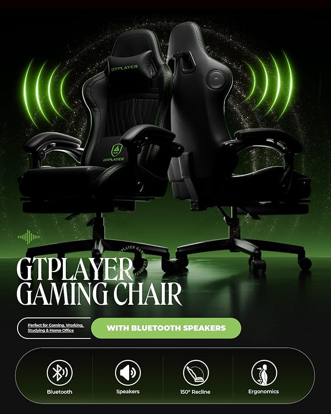 GTPLAYER Gaming Chair with Speakers, Video Game Chairs with Footrest, PC Gamer Chairs for Adults - Padded High Back Ergonomic Reclining Silla Gamer, Linkage Armrest, Ace Pro, Green