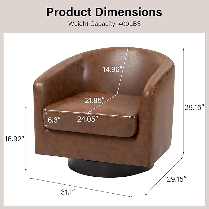 Swivel Barrel Chair, Modern Round PU Leather Accent Armchair for Living Room, Bedroom, Oversized Comfy Club Reading Chairs for Adults (Leather Coffee, Set of 1)