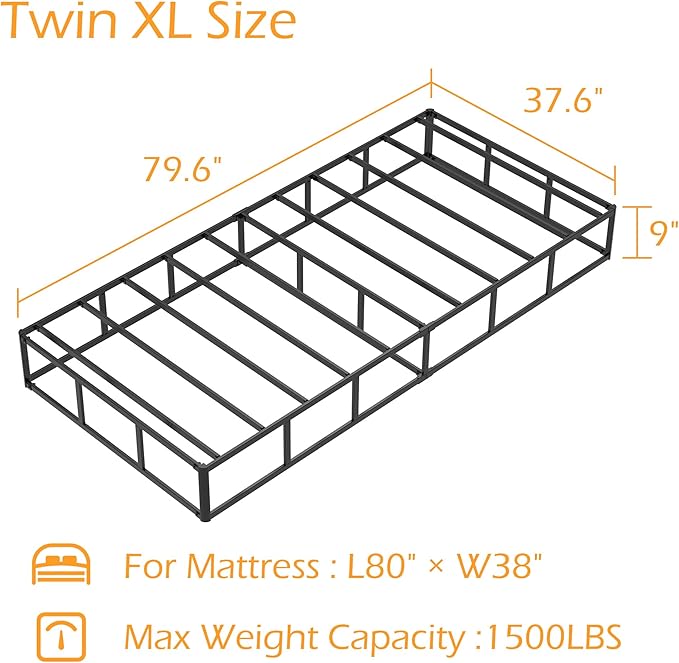 Maenizi Twin XL Box Spring 9 Inch, Heavy Duty Metal Box Spring Bed Base with Fabric Cover, Mattress Foundation, Easy Assembly, Noise Free, Black