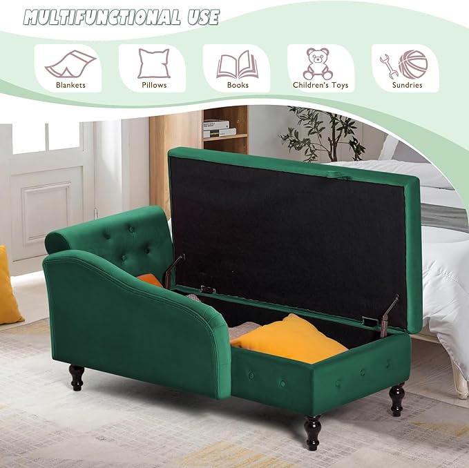 ACMEASE Chaise Lounge with Right Armrest & Lumbar Pillow,Button Tufted Lounge Sofa with Storage,Lounge Chair Indoor,Modern Upholstered Velvet Lounge Chair for Bedroom, Living Room and Office,Green