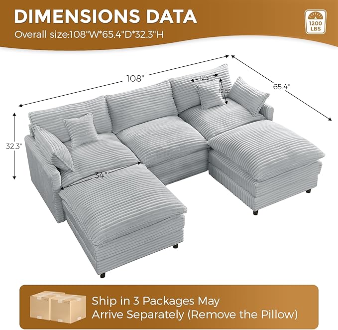 HYJT-H&K 108" U Shaped Cloud Couch Modular Grey Sectional Couches for Living Room, Comfy Fluffy Corduroy Oversized Cloud Sectional Couch Large 5 Seat Sectionals Sofa Set, Grey