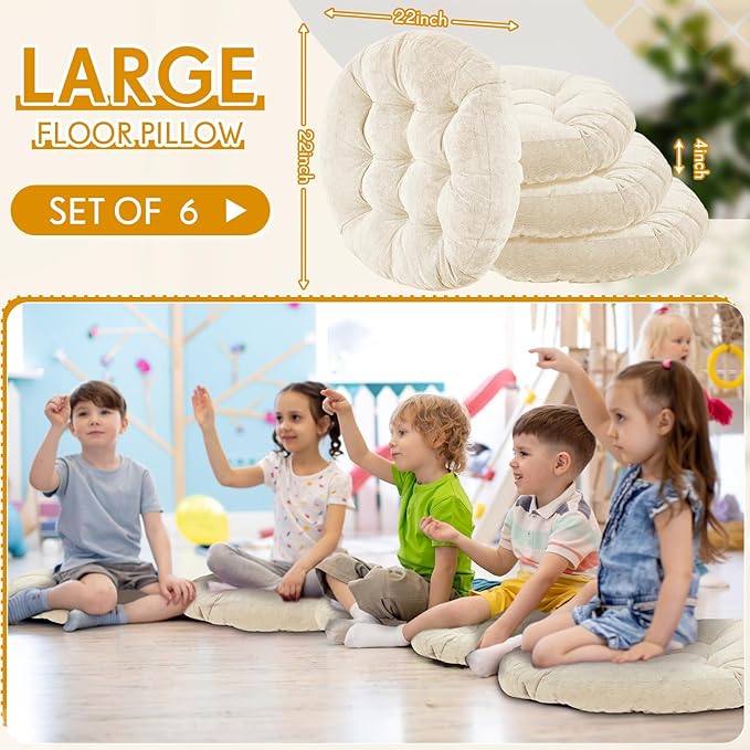 Jerify Floor Pillow Cushions 22 x 22 Inch Round Square Large Meditation Floor Pillow for Classroom Adult Meditation Picnic Party Cushion for Seating Gift Christmas(Round,Beige,6 Pcs)