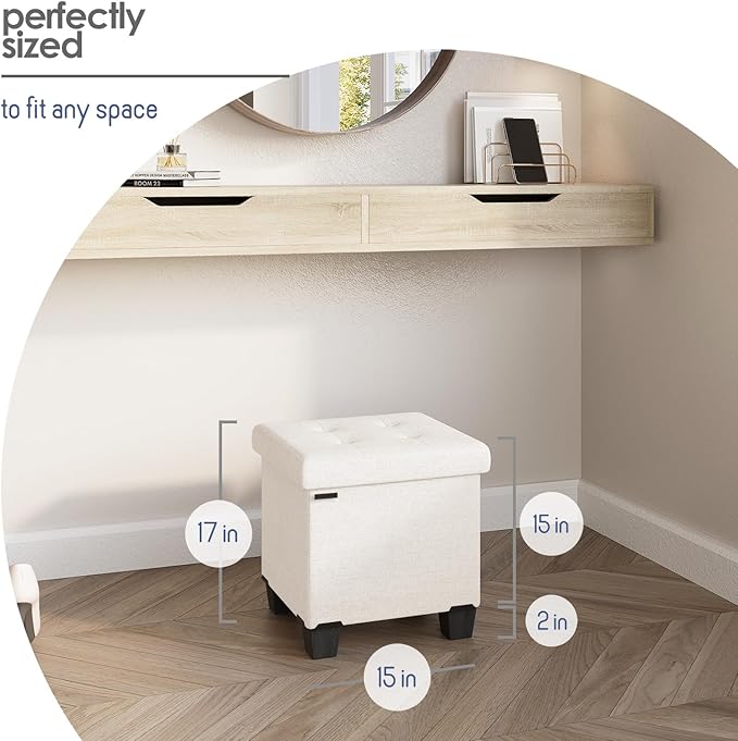 Storage Ottoman Cube with Small Bin, 16-in Square Ottoman with Storage for Living Room and Bedroom, Small Ottomans Foot Rest, Fabric Foot Stools Ottomans Max 330lbs, Cream