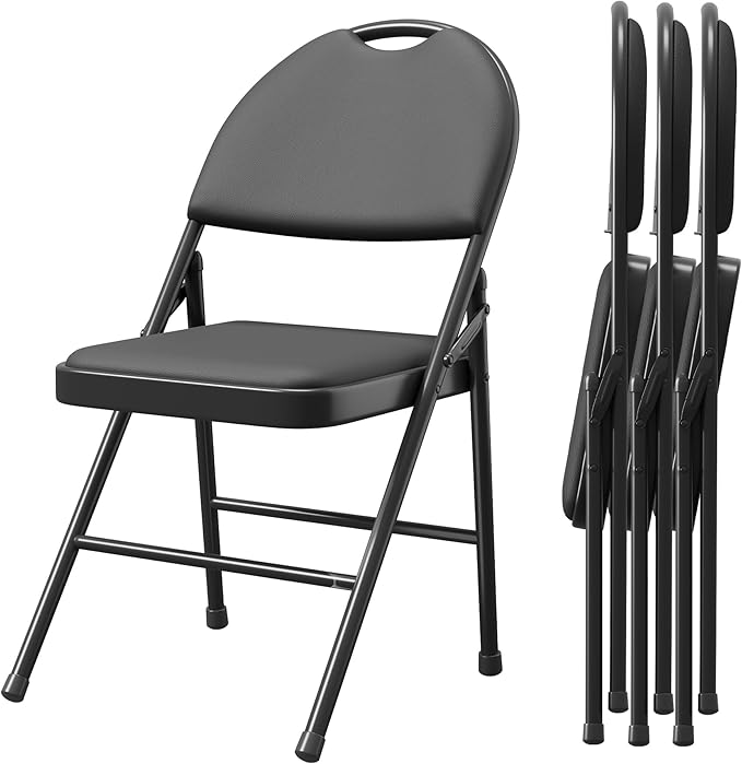 GAOMON 4 Pack Folding Card Chairs, Thickened Padded PU Cushion, Metal Legs and Non-Slip Feet Pads, Portable Stackable Commercial Seat for Events, Office, Wedding, Party, Black