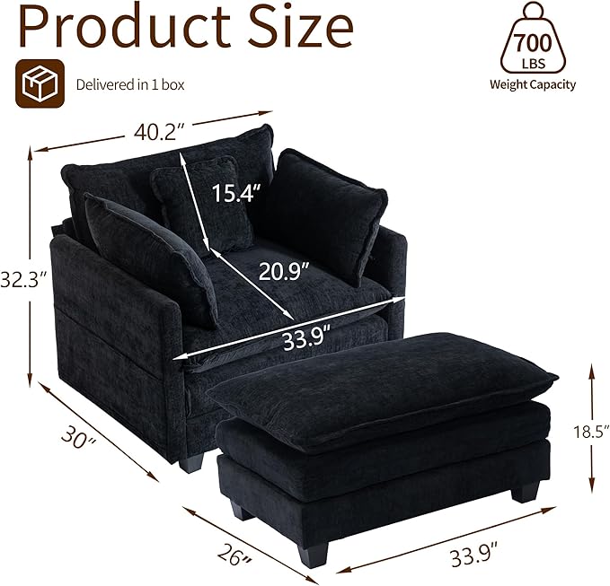 SweetGO corporation 40" Chenille Lounge Chair for Reading, Modern Couch Cozy Sofa Bed, Upholstered Living Room Single Sofa Accent Chair with Ottoman Set of 2, Black