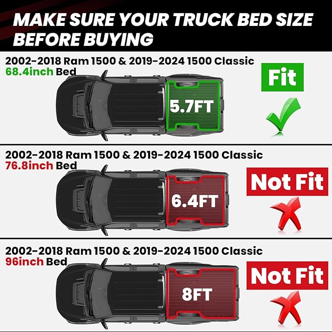 LASFIT 5FT7 Truck Bed Mat for Ram 1500 2002-2018 & 1500 Classic 2019-2024 (5.7 FT/67.4 inches) NOT for Optional Rambox, All Weather Custom Fit TPE Truck Bed Liner