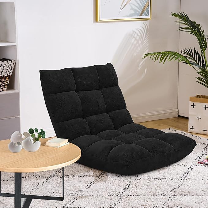 Floor Chair with Back Support, Foldling Gaming Sofa Chair with Comfy Cushion, Adjustable 14-Position Meditation Chairs, Lazy Lounge Recliner Reading Seat for Adults, Kids (Black)