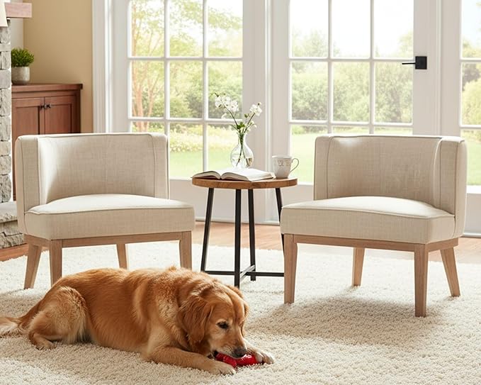 Barrel Chairs Set of 2 Mid-Century Modern Accent Chair with Solid Wood Leg Upholstered Reading Arm Chairs Linen Fabric Waiting Room Round Side Chairs for Small Spaces Living Room Bedroom Office, Beige