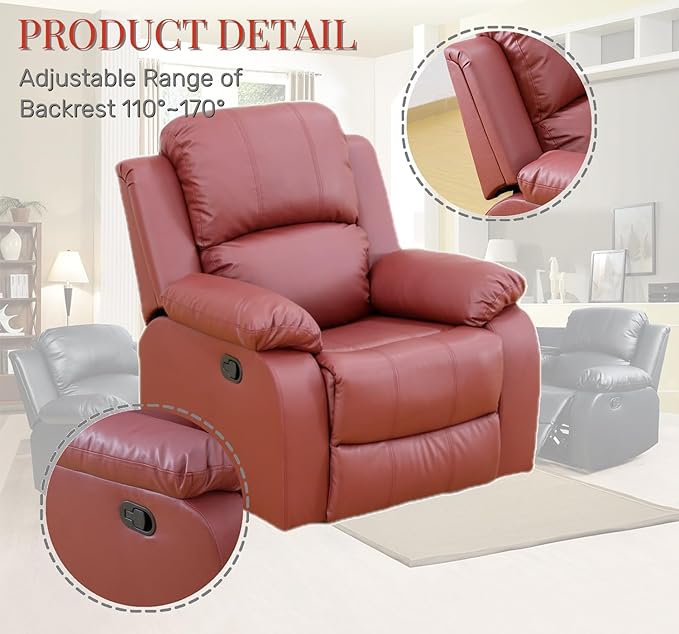 Caberryne Leather Recliner Chair for Living Room Furniture Set,Red Leather Reclining Couch for Small Space/Rv, Wall Hugger Single Recliner/Home Theater Seating for House/Office(Chair)