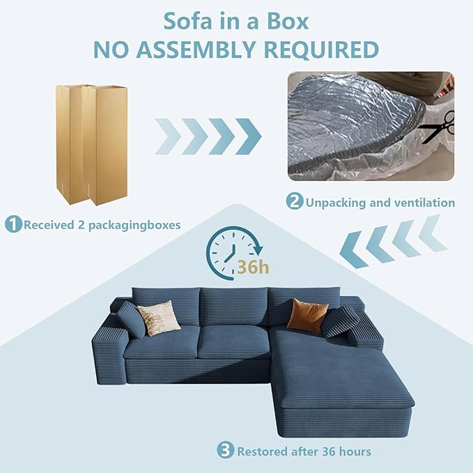 107" Cloud Sectional Couch with L-Shape Chaise, Modern Corduroy Viral Boneless Sofa for Living Room,Memory Foam Couches in a Box with Deep Seat,No Assembly Required (Blue,Right-Facing Chaise)