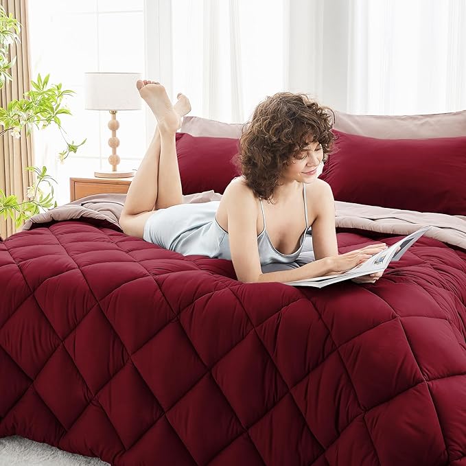 MUXHOMO 7 Pieces Full Comforter Set, Reversible Bed in a Bag Full Size, All Season Bedding Set with Comforter, Flat Sheet, Fitted Sheet, Pillowcases & Shams, Burgundy & Rose Gold