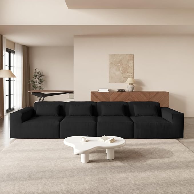 JACH 149" Cloud Sectional Couch, Huge Plus 4 Seater Modular Sofa, Modern Comfy Corduroy Couches, Sofas Furniture for Living Room, Office, Apartment, Black