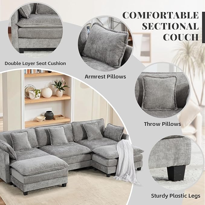 SoarFlash 113.78" Chenille Sectional Sofa, Comfy U Shaped Modular Coush Sofa with Ottoman, Modern 4 Seat Couch Deep Seat Sofa Set for Living Room,Grey
