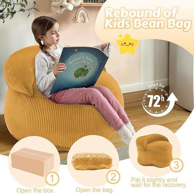 COMAX Bean Bag Chair for Kids, Convertible Toddler Beanbag Bed Corduroy, Children Bean Chair Stuffed to Floor Mattress with Filler, Yellow