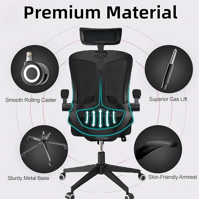 Ergonomic Office Chair - 400LB Comfy Desk Chairs with Adjustable Headrest and Lumbar Back Support, Mesh Computer Chairs with Wheels and Arms for Home Office, Study (Black-with Headrest)