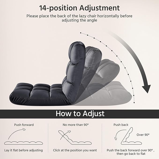 Yaheetech Floor Folding Chair with Back Support, Padded Folding Gaming Sofa Chair with 14 Adjustable Backrest, Adults Couch Recliner, Floor Seating Lounge Chair, Armless Meditation Chair, Gray