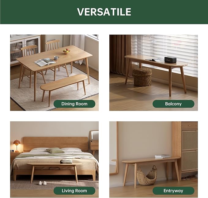 Vadisun 47'' 100% Solid Oak Wood Dining Bench,Rounded Corner Baguette Shape Chair Surface Design,Entryway Bedroom Bed End Bench (47.3inch, Natural Oak)