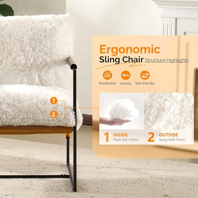 VINGLI 28" Wide Plush Upholstery Sling Modern Accent Chair Set of 2, Cute Reading Armchair with Removable Seat Cushion & Tan Microfiber Seat Base, Lazy Chair for Bedroom & Lounge, White