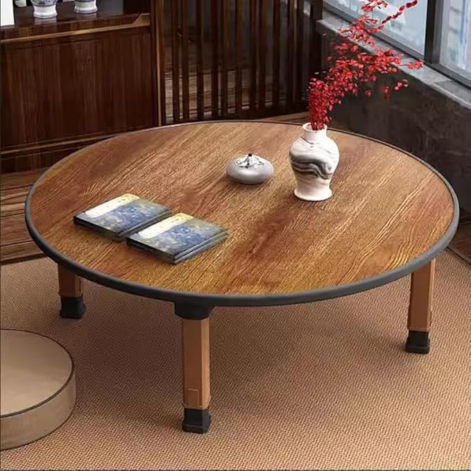 Japanese Foldable Coffee Table, Portable Low Tea Table Wooden Folding Dining Study Breakfast Serving Table Collapsable Small Desk Tatami Sitting On The Floor Table (31.5 * 11.8in, Round)
