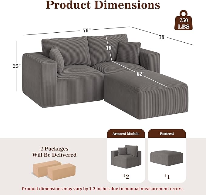79" Modular Sectional Sofa with Ottoman, L-Shaped Cloud Couch, Memory Foam Boneless Loveseat with Chaise, No Assembly Required Corduroy Frameless Sofa for Small Living Room & Funituree Decor, Grey