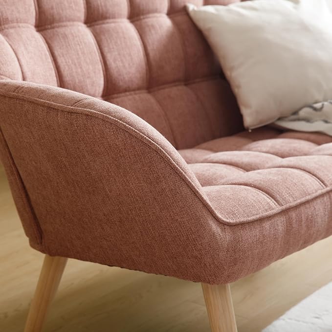 48" Small Loveseat Sofa, Mid Century Modern Linen Love Seat with Wood Legs 2-Seat Sofa Couch Tufted Wingback Upholstered Sofa Chair for Living Room Bedroom Apartment, Pink
