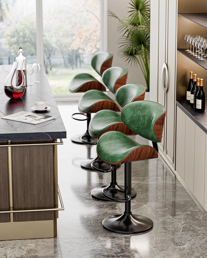 Aowos Bar Stools, Adjustable Swivel Leather Bar Stools for Kitchen Island, Mid Century Modern Counter Height Bar Chairs Barstools with Back & Footrest (Green 1PCS)
