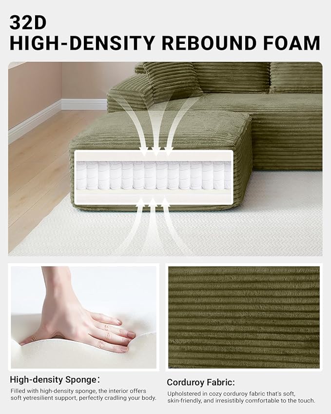 108" Cloud Sectional Couch,Modern Modular Sectional Sofa with Deep Seat,Corduroy Boneless Couches with L-Shape Chaise for Living Room,No Assembly Required (Green, Left Facing Chaise)