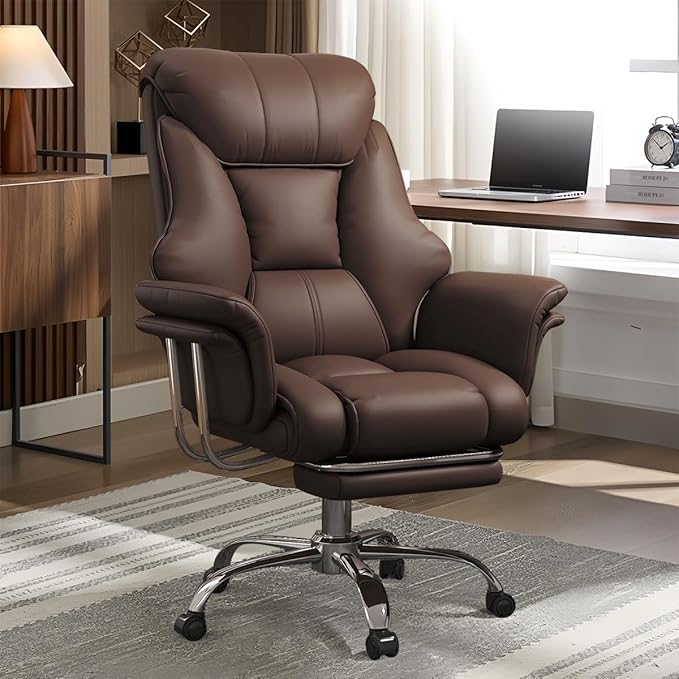 BTFYOU Big and Tall Office Chair with Armrests Executive Chair with Footrest and Spring Lumbar Support High Back Leather Ergonomic Chair Adjustable Height Tilt Lock for Business