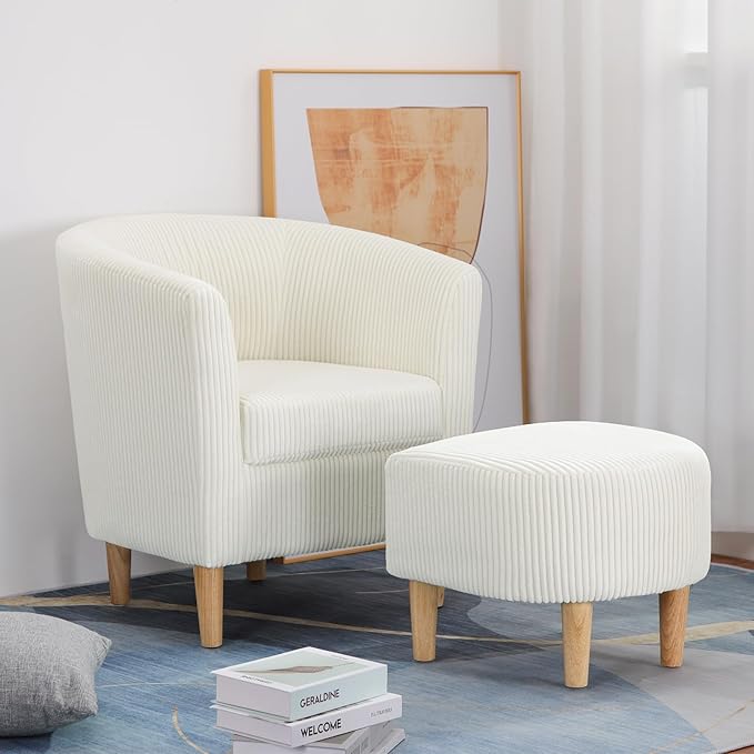 DAZONE Accent Chairs Set of 2 - Mid Century Modern Comfy Armchair with Ottoman, Corduroy Upholstered Living Room & Reading Room Chair in Ivory