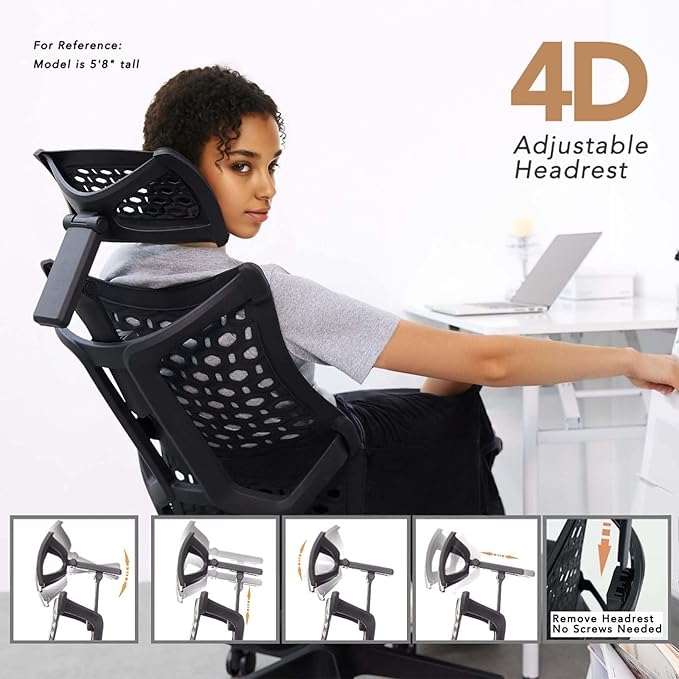 Ergonomic Office Chair with 4D Headrest, Large Mesh Desk Chair with Adjustable Seat Depth, High-Rebound Backrest, Adjustable Arms, 90°-145° Tilt Lock, Comfortable Chair for Home Office