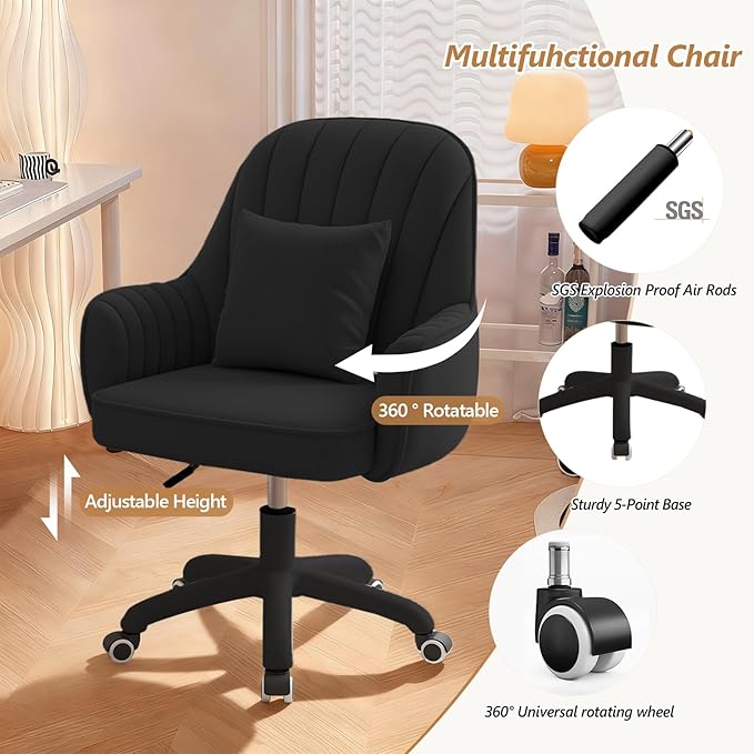 WXJHL Home Office Chair Velvet Vanity Chairs Cute Makeup Desk Chair with Wheels Mid Back Computer Chairs Height Adjustable Small Swivel Rolling Task Chair