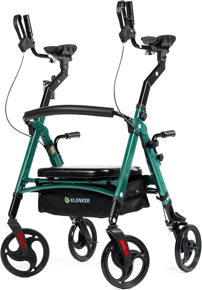 ELENKER Heavy Duty Upright Walker with Extra Wide Padded Seat and Backrest, Aluminum Bariatric Stand Up Rolling Walker, 10” Wheels, Fully Adjustment Frame, Support up to 500 lbs for Seniors, Green
