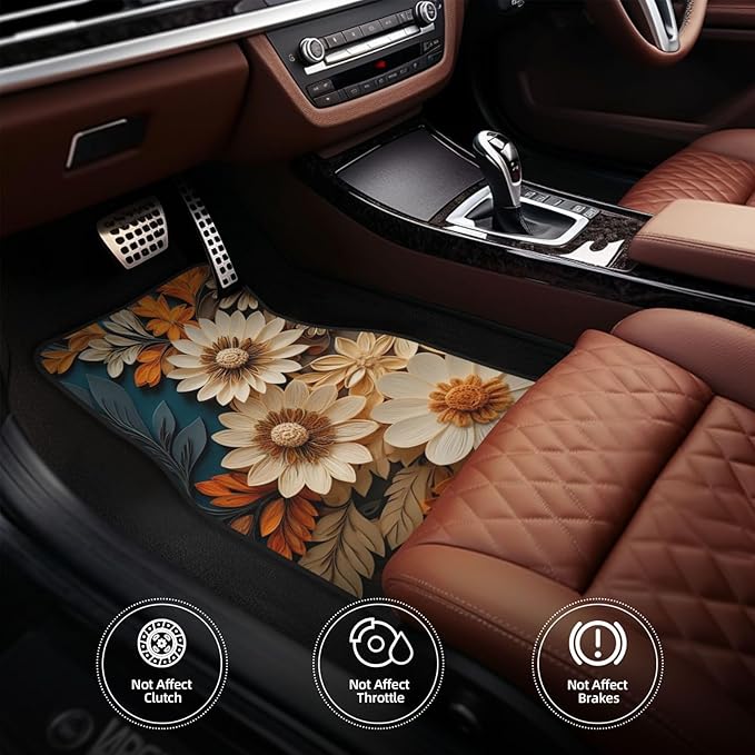 Artistic Fabric Car Floor Mats-Non-Slip Rubber Backing,Flower,Front (26.8x17.3in) & Rear (13x17.3in) Set-Water Absorbing, Durable Automotive Floor Liners with Stylish Patterns